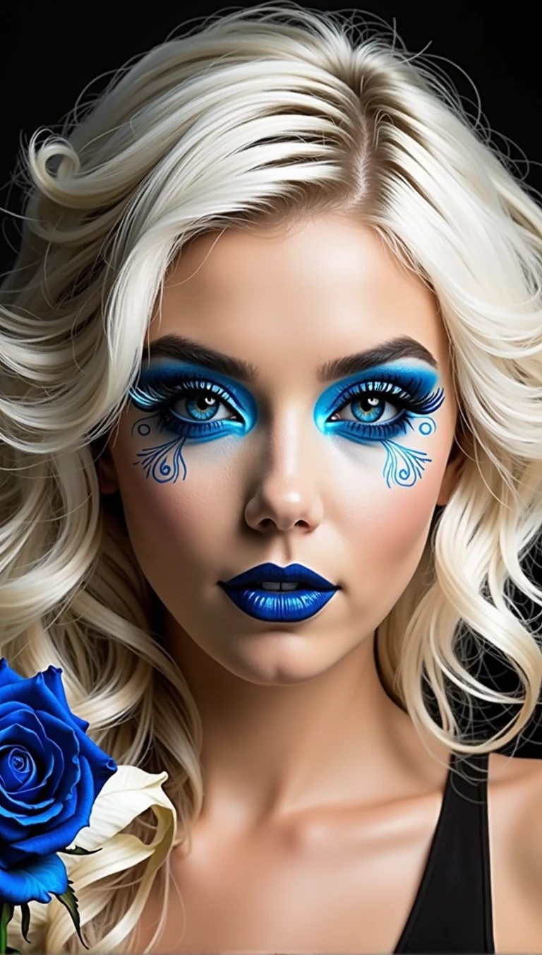 Photo noir et blanc et bleu profond, une femme heureuse et rayonnante de bonheur aux yeux bleus sublimes, (longs cheveux blonds aux reflets bleus électriques très détaillés), une grande paire de fines lunettes en titane , une peau impeccable, tir à moitié du corps, tenant une rose darkblue, intensité du regard captivant, style de photographie fantaisiste, capturé avec un appareil photo, Cinématique, Éclairage dramatique, Extrêmement clair, masterpiece surréaliste à couper le souffle, sublime buste, grosse poitrine effet push-up, seins énormes sublimes
