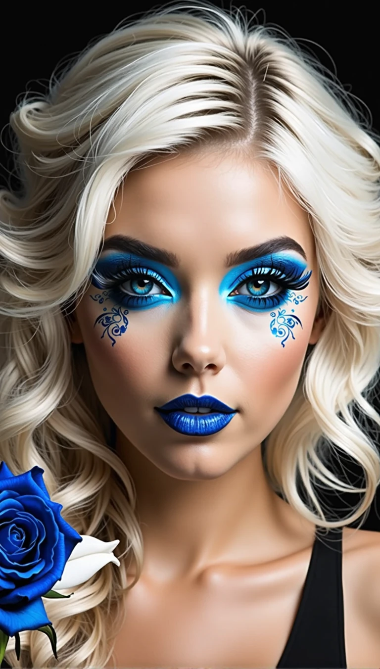 Photo noir et blanc et bleu profond, une femme heureuse et rayonnante de bonheur aux yeux bleus sublimes, (longs cheveux blonds aux reflets bleus électriques très détaillés), une grande paire de fines lunettes en titane , une peau impeccable, tir à moitié du corps, tenant une rose darkblue, intensité du regard captivant, style de photographie fantaisiste, capturé avec un appareil photo, Cinématique, Éclairage dramatique, Extrêmement clair, masterpiece surréaliste à couper le souffle, sublime buste, grosse poitrine effet push-up, seins énormes sublimes