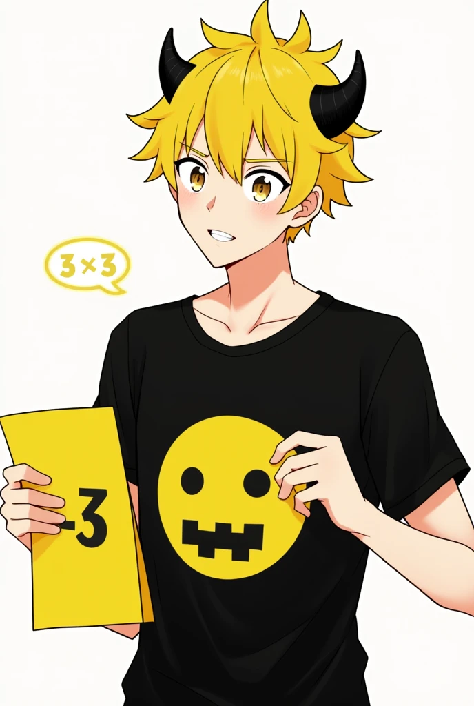 Genre:male&#39;yellow hair,with a yellow paper with a face of :3,with horns and a black line in the hair,Black short sleeve shirt with a face of :3 yellow,Black pants