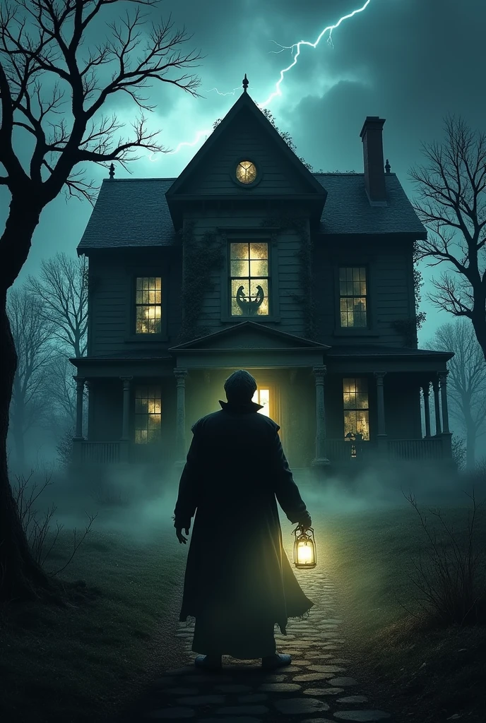 Main Focus: A creepy, old mansion with broken windows and overgrown vines, shrouded in darkness. The front door is slightly ajar, revealing sinister, glowing eyes or monstrous silhouettes inside.
Background: A stormy night with dark clouds, lightning flashing in the distance, and a twisted, dead tree in the foreground to emphasize the cursed nature of the house.
Foreground: The shadowy figure of a landlord standing ominously in front of the house, with a malevolent grin or glowing eyes, holding a key or lantern that casts an eerie light.
Additional Effects: Add mist or fog swirling around the house, with faint monstrous figures or claws emerging from the shadows to highlight the presence of monsters.