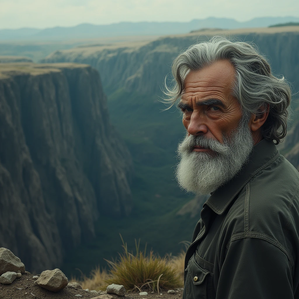 (masterpiece),(best quality),very aesthetic,1 old man,Gray-haired, bearded old man,Sober face in the style of mob characters,Very thick and dignified eyebrows,(expressionless),work clothes,wilderness,crater,standing at the bottom of an incredibly deep crater,There is a drink vending machine at the bottom of the crater,from above