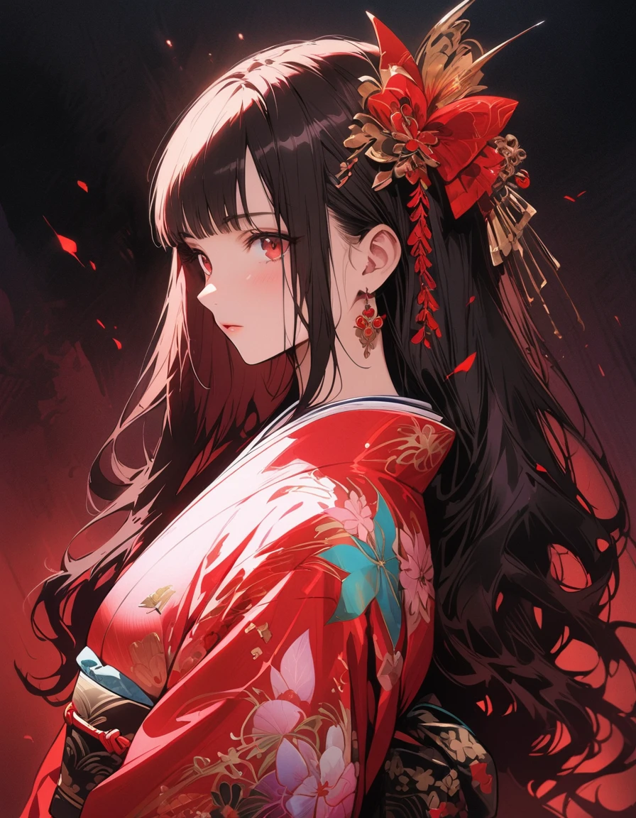 Red Higanbana, Let your hair down, Hair is black, bangs, Red eyes, masterpiece, Highest quality, Very detailed, shape, One Girl, alone, High resolution, Realistic, 超High resolution, (Original shape composition), (Limited Color Fusion,Maximalism art style, Kimono Fashion, Double exposure, Background Black