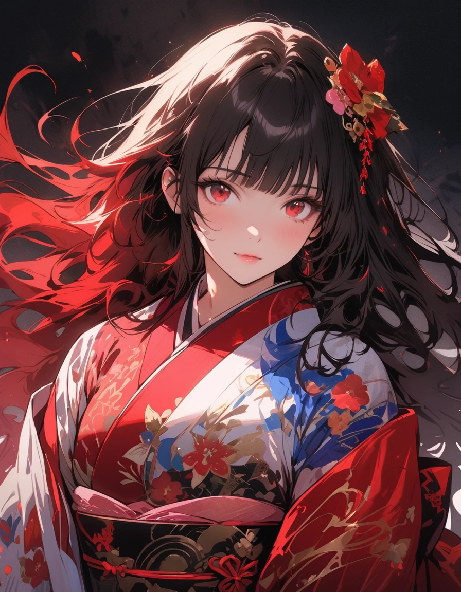 Red Higanbana, Let your hair down, Hair is black, bangs, Red eyes, masterpiece, Highest quality, Very detailed, shape, One Girl, alone, High resolution, Realistic, 超High resolution, (Original shape composition), (Limited Color Fusion,Maximalism art style, Kimono Fashion, Double exposure, Background Black