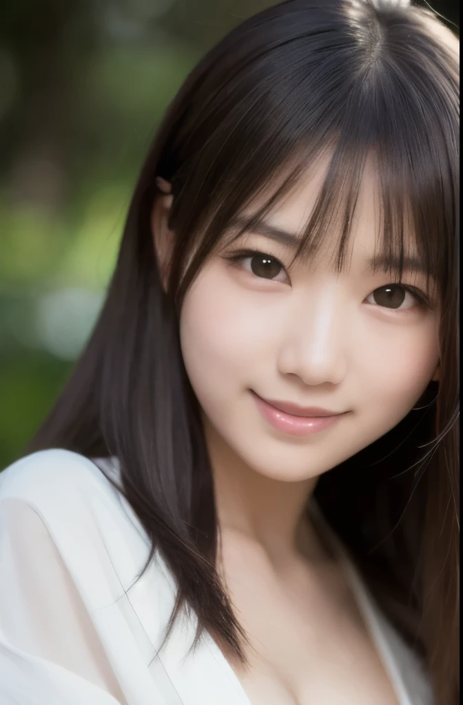 best quality, face focus, soft light, ultra high res, (photorealistic:1.4), RAW photo,(Shinozaki Ai), white skin, kawaii, 1 Japanese girl, solo, cute, (smile), (pupil, lights in the eyes), detailed beautiful face, Medium-sized breasts,(high resolution detail of human skin texture),(long hair),(portrait), upper body, white traditional kimono