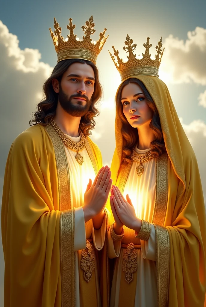 Perfect hand 5 finger, Portrait of a beautiful virgin mary and handsome Jesus Christ. wearing yellow clothes of king and queen with the king and queen crown shining the light from the head and heart all over in the clouds, virgin mary and Jesus Christ, real blue eyes, sunny day, intricate details.real virgin mary and Jesus Christ, straight head face, Straight body.Prayer virgin mary and Jesus Christ, perfect full body, perfect hands finger,Prayer virgin mary and Jesus Christ, praying virgin mary and Jesus Christ backgrounds natural photographic