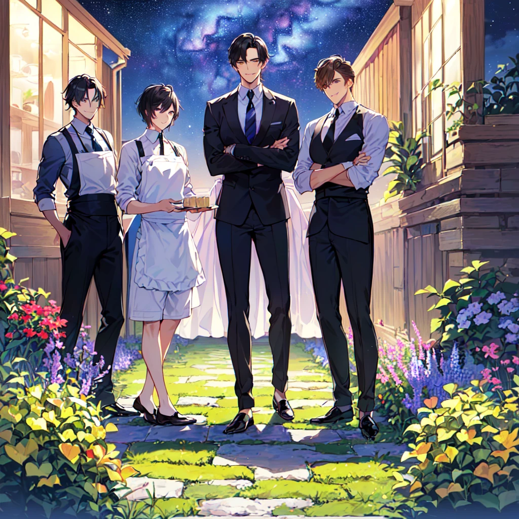 masterpiece,best quality,high quality,(3male austere handsome three adult age 30:1.5), purple eyes, cool with drooping eyes, V-shaped eyebrows, body strong and fearless 8.5 head tall, height 185cm, (well-groomed black short hair down to neck:1.4), (bangs in three (hair parted in three parts:1.4), slender nose, facial muscles, throat, (pants with waiter's tie summer fashion:1.3), sommelier waist apron, (welcome pose), (standing), (stylish pose), (cool smile:1.3), (background summer garden:1.3) ,(Milky Way Night Sky:1.3)
