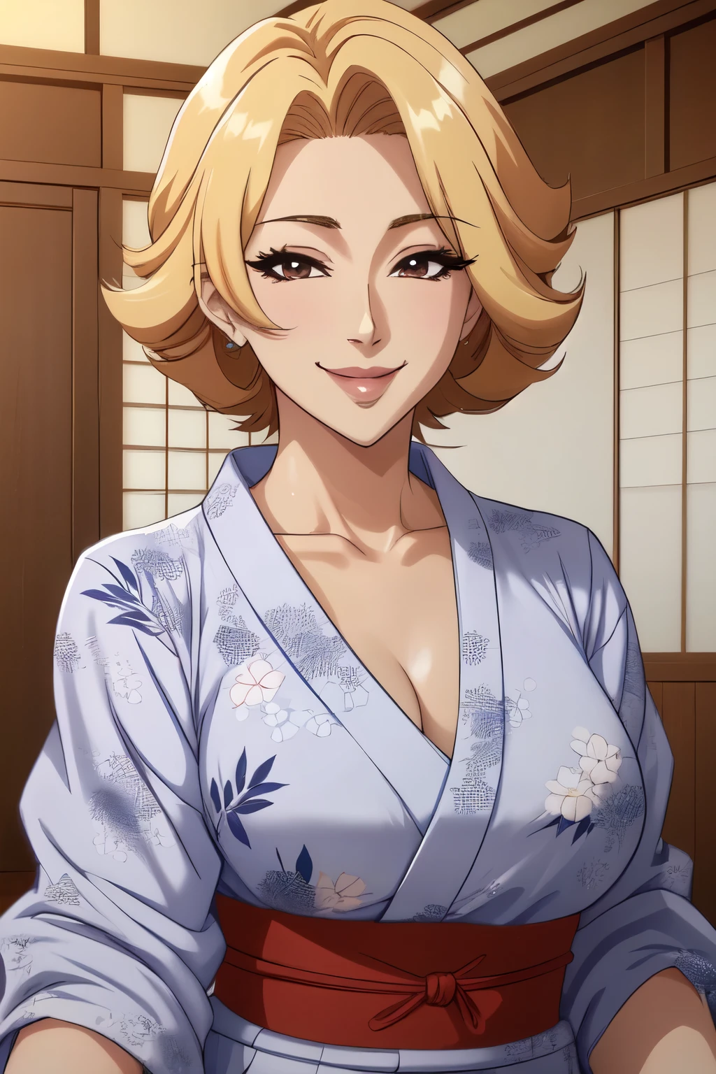 1girl, japanese clothes, yukata,  upper body, (mature female:1.5),seductive smile, 
masterpiece, best quality, intricate details,  anime screencap, flat color,