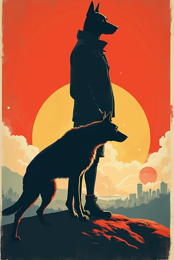 In a style similar to Soviet posters、I want you to draw a picture that symbolizes that dogs and humans are friends.。Remove the Soviet markings
