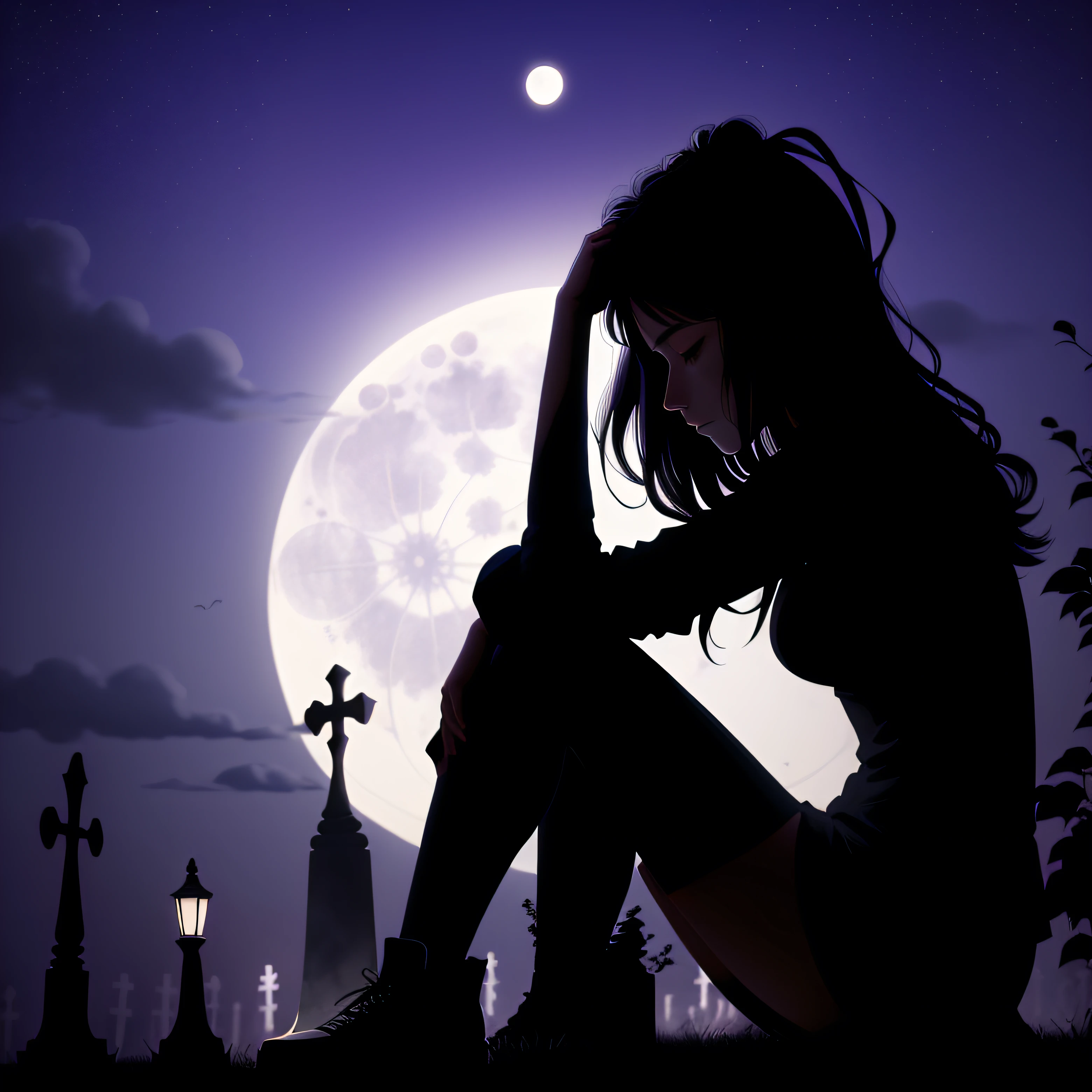 Silhouette of a woman, sit on the ground in front of the full moon, Beautiful lonely girl, Brooding loneliness, Sadness, very sad, female silhouette, feeling of despair, Sad feeling, Single Woman, Dark, Looks sad, Sad, sad and lonely, lonely and sad, Sitting at night in the cemetery, night time, Silhoutte, calm night. digital illustration art