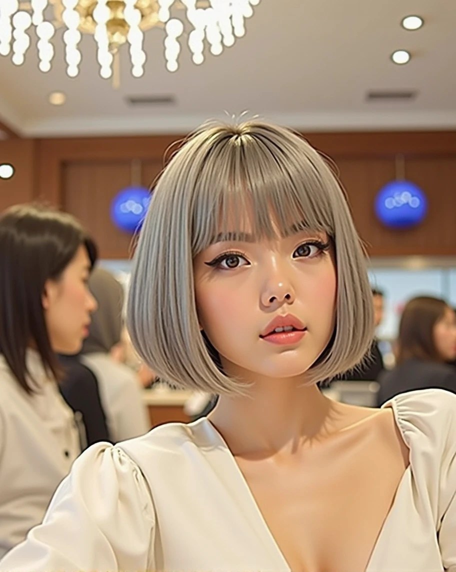 (RAW photo, best quality, masterpiece: 1.2), (photorealistic: 1.4), best lighting, 20 years old, (detail face, detail eyes, light gray eyes, light gray hair, short straight bob cut, Symmetrical eyes :1.3)