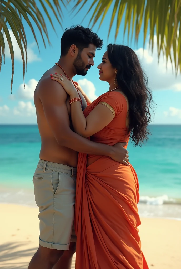 35 year old indian chubby woman wears hot saree and blouse, standing at the beach, hugging a 20 year old indian boy, Sexual expressions, lips kissing with Boy.
