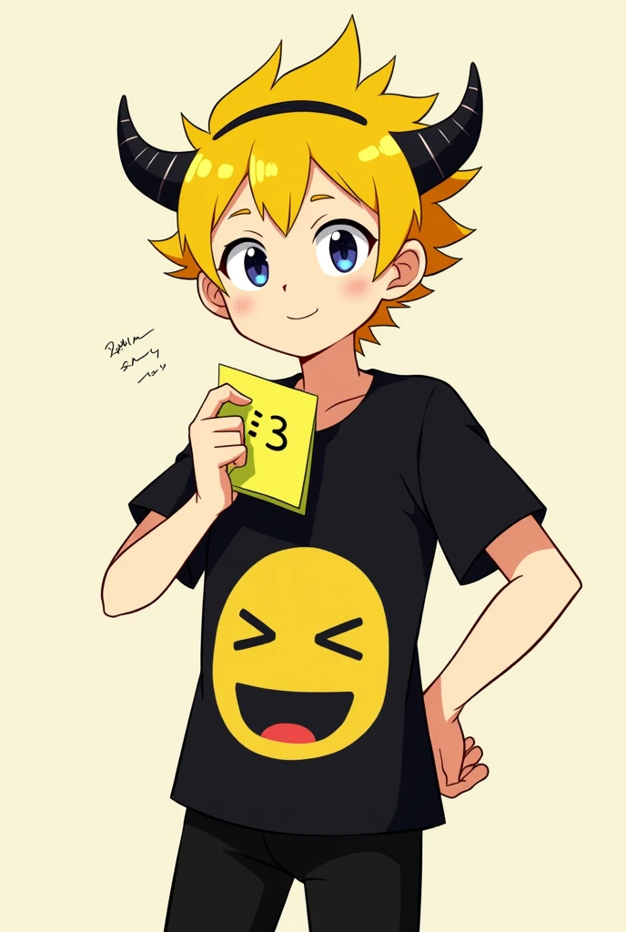 Genre:male&#39;yellow hair,with a yellow paper with a face of :3,with horns and a black line in the hair,black short sleeve shirt with a yellow face of :3,Black pants