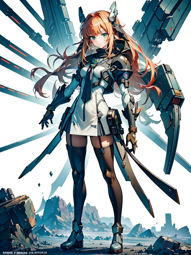 masterpiece, Highest quality, Very detailed, Anime Style, カオス機械化悪魔少女のwhole body, Mechanized limbs, Arm-mounted heavy weapon, Grey steel power armor, Yellow Stripes, Strong claws and tail, Warhammer 40K, 8K high resolution, Trend Art Station, White Background, whole body, (masterpiece, Highest quality), (Thin Hair), Very detailed, Anime Style, alone, full length, Concept Art, Painting setting, Cyberpunk Gunslinger Girl, red hair and green eyes,Cyberpunk High Tech Armor Suit, Cyber Headgear, Giant gauntlet, He had a gun in each hand, Fighting Pose, Supernatural Thunder, Wearing giant mechanical boots, White Background, full lengthに立って, Digital Painting, Standing in the wasteland, ((Nobody has Zessho Symphogear))