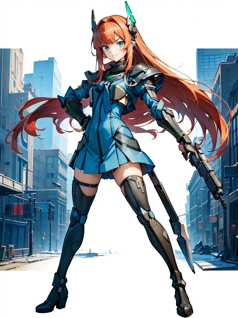 masterpiece, Highest quality, Very detailed, Anime Style, カオス機械化悪魔少女のwhole body, Mechanized limbs, Arm-mounted heavy weapon, Grey steel power armor, Yellow Stripes, Strong claws and tail, Warhammer 40K, 8K high resolution, Trend Art Station, White Background, whole body, (masterpiece, Highest quality), (Thin Hair), Very detailed, Anime Style, alone, full length, Concept Art, Painting setting, Cyberpunk Gunslinger Girl, red hair and green eyes,Cyberpunk High Tech Armor Suit, Cyber Headgear, Giant gauntlet, He had a gun in each hand, Fighting Pose, Supernatural Thunder, Wearing giant mechanical boots, White Background, full lengthに立って, Digital Painting, Standing in the wasteland, ((Nobody has Zessho Symphogear))