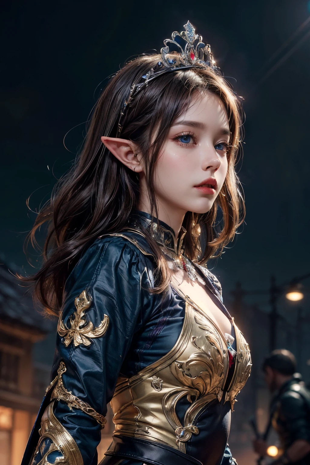 masterpiece, highest quality, an elf  squad on the line, very beautiful extremely detailed face and blue eyes, detailed full body, crown detailed hair, detailed legendary outfit, (low angle view), evening colorful, cinematic lighting, photorealistic, 8k, hyper detailed, intricate details, (best quality), High contrast(realistic), (masterpiece)