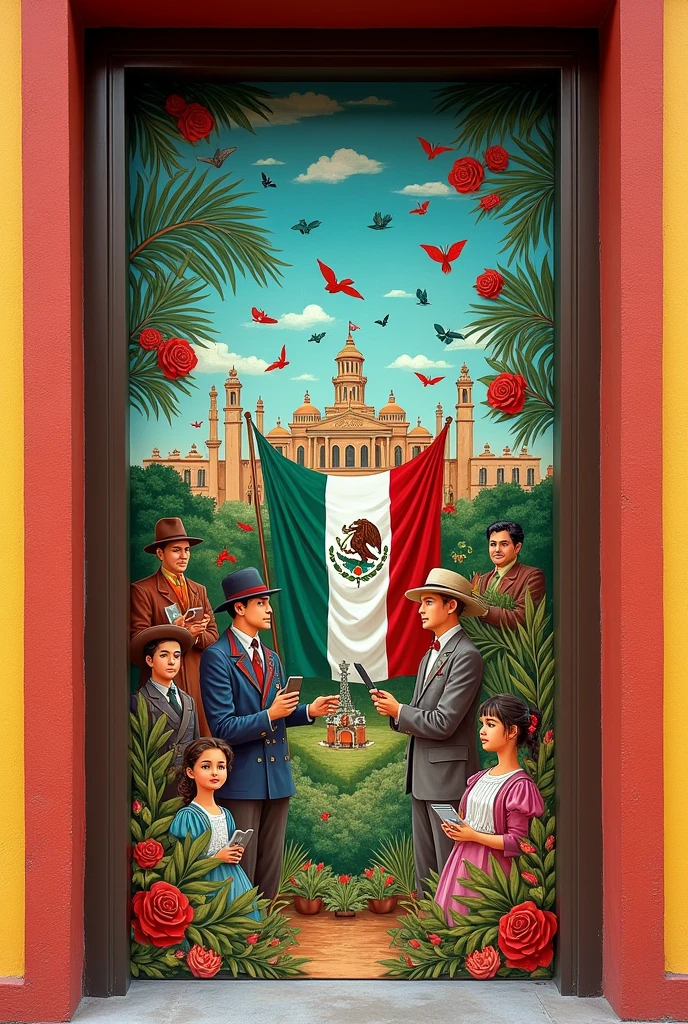 A canvas for a school door that represents Mexico's Independence Day and Journalist's Day with drawings and the anniversaries of the month of September in Mexico