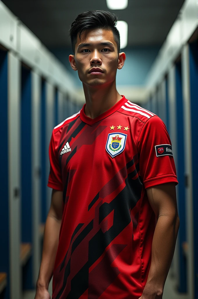 A young man wearing an Indonesian national team jersey in the changing room