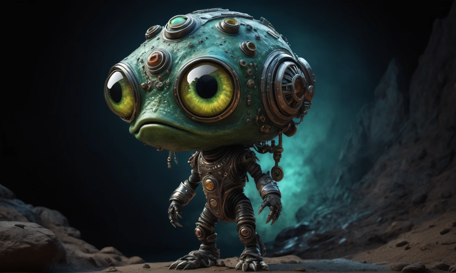 full body length shot,nerd graphite  Alien Entity,native africa slave ,azctec Finnish Lapland,Cinematic,soft colors, Technicolor,natural skin textures, hyper realism, hyper detailed,Extremely detailed,High contrast,Masterpiece,Realistic,Ultra Detailed, intricate details,realistic humid leather,extremely intricate details,Epic Realistic, cinematic style, irina yermolova,high contrast,hdr,extremely detailed, [deep night landscape],masterpiece, intricate details, eyes extremely detailed, high detailed eyes,8k resolution,retina, Nikon Z9,Korea,orc,Egypt, Pisces, transition between two art styles,full body length, Double contact, X-ray, Creative, vivid light, fantasy, Abstract, Surrealism, super detailed, high resolution,insanity national folk wear,skin  almost translucent, gothic elements,Mestichino,Light particles,chaos,starfish's leather,"(The best lighting, dark, dramatic), terror.),(fish eyes, A Modern flat toon Crazy whit a Big ONE a Only Eye Robot, USSR style, and helmet Style, tongs in hands, Tv head, pinhead, camouflage Green White Brown Rusty, Ambient in a meteorite crater super detailed, 