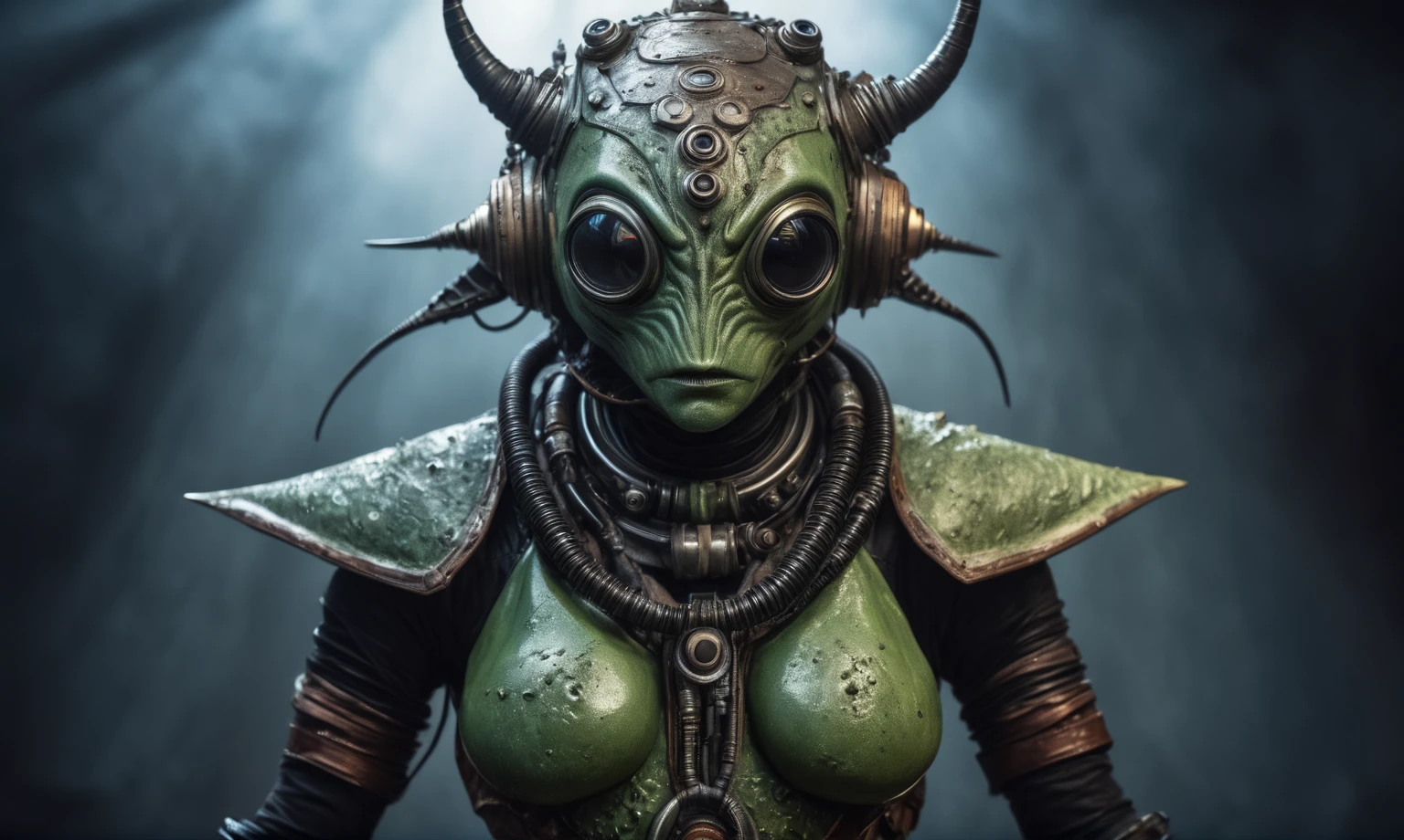 full body length shot,nerd graphite  Alien Entity,native africa slave ,azctec Finnish Lapland,Cinematic,soft colors, Technicolor,natural skin textures, hyper realism, hyper detailed,Extremely detailed,High contrast,Masterpiece,Realistic,Ultra Detailed, intricate details,realistic humid leather,extremely intricate details,Epic Realistic, cinematic style, irina yermolova,high contrast,hdr,extremely detailed, [deep night landscape],masterpiece, intricate details, eyes extremely detailed, high detailed eyes,8k resolution,retina, Nikon Z9,Korea,orc,Egypt, Pisces, transition between two art styles,full body length, Double contact, X-ray, Creative, vivid light, fantasy, Abstract, Surrealism, super detailed, high resolution,insanity national folk wear,skin  almost translucent, gothic elements,Mestichino,Light particles,chaos,starfish's leather,"(The best lighting, dark, dramatic), terror.),(fish eyes, A Modern flat toon Crazy whit a Big ONE a Only Eye Robot, USSR style, and helmet Style, tongs in hands, Tv head, pinhead, camouflage Green White Brown Rusty, Ambient in a meteorite crater super detailed, 