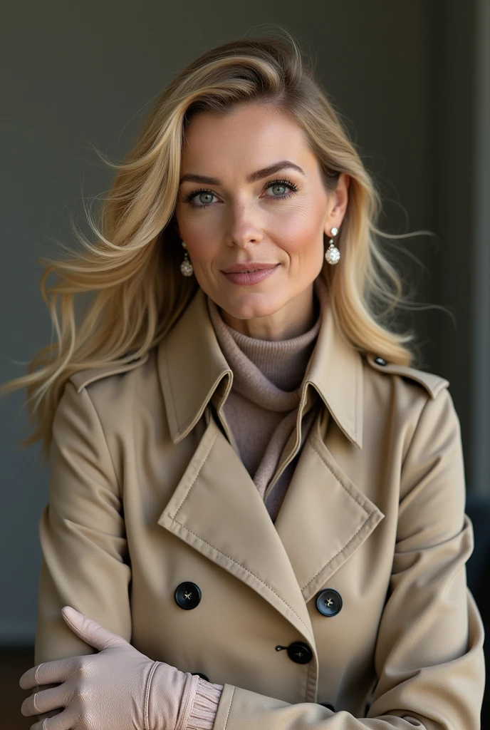 45 year old blond german Woman in beige Trenchcoat, high Heels, gloves and ear Rings