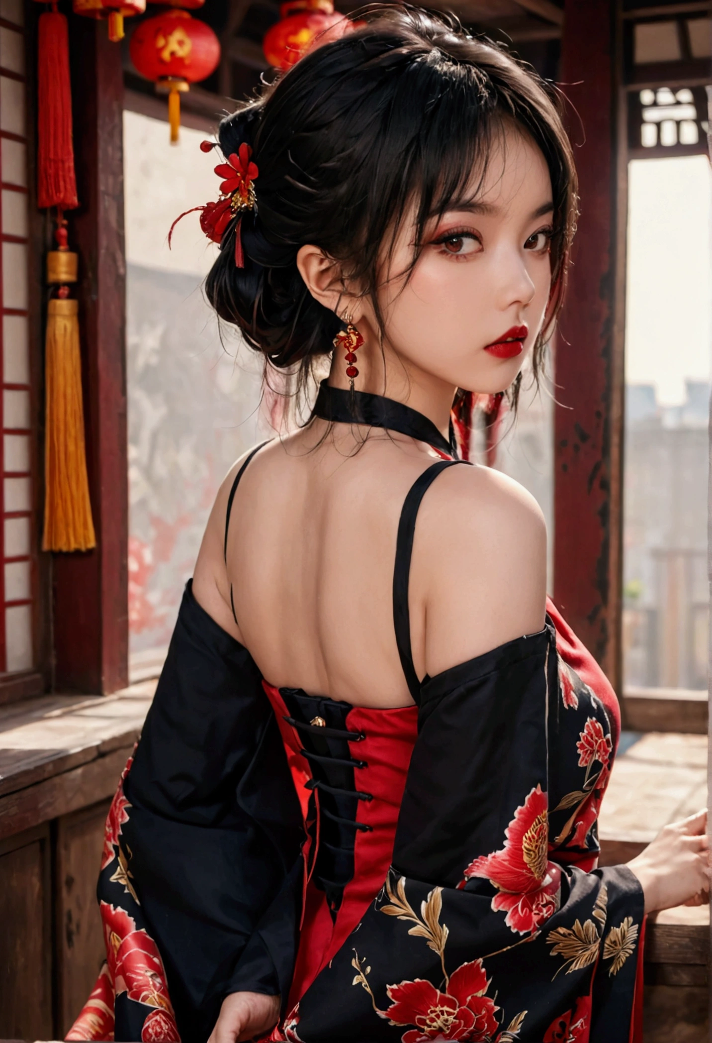 masterpiece, 1girl, solo, tattoo, natural big breast, red eyes, black hair, chinese clothes, red dress ,dress ,looking at viewer, back view, earrings, jewelry, arm tattoo, stand pose, china dress, red lips, nail polish, bangs, clothing cutout, red theme, lips, (disgust:1.3), 150mm lens, photography"