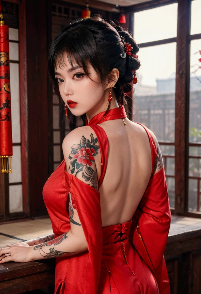 ((hyper-realistic, photorealistic, 8k, intricate details)), master piece, There is a beautiful hot geisha, full lips, flowing hair, silky skin, with a tattoo drawn on her back ((very detailed)), wearing a dress open back, dragon tattoo on her back, looking back over her shoulders, a beautiful art illustration, glamorous and sexy geisha, Portrait of geisha, Portrait of a beautiful geisha, Beauty geisha, cyberpunk geisha, Portrait of a geisha, inspired by Torii Kiyonobu I, beautiful digital art.