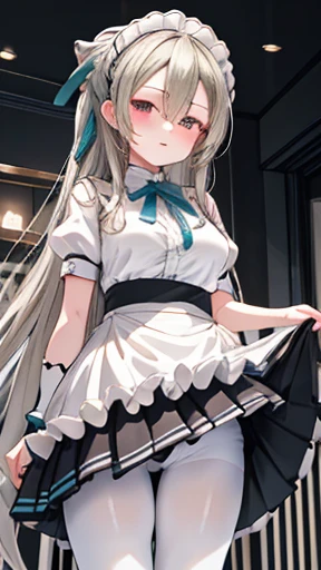 masterpiece,8K quality，Very high level of detail，One girl， solo， Big Asuna， Long white hair，Exquisite facial features，Thick tight，  （Maid clothes， White pantyhose）， Cafe Background