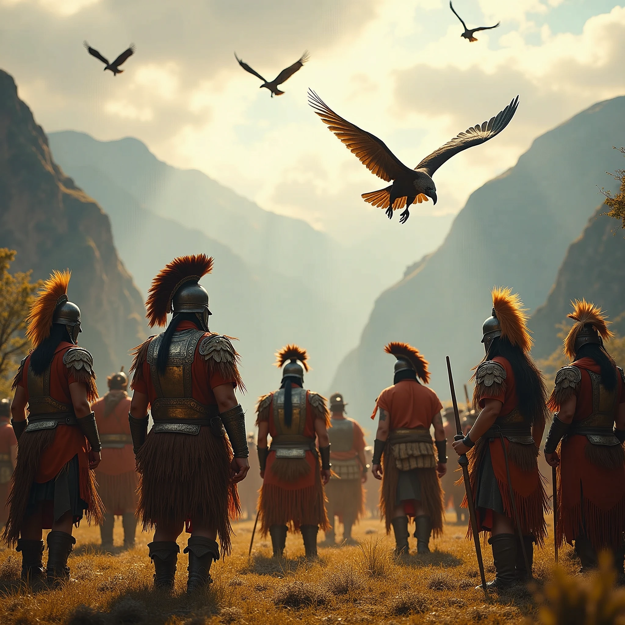 A majestic Andean landscape unfolds as a group of Inca warriors stand proudly, their headdresses and armor glinting in the warm sunlight that filters through the misty mountains. The condors soar overhead, their wings spread wide, as the warriors, dressed in traditional regalia, dance in unison under the rhythmic beat of drums. Pachacuti's reign is marked by a sense of strength and resilience, as the Inca people celebrate their heritage and culture.