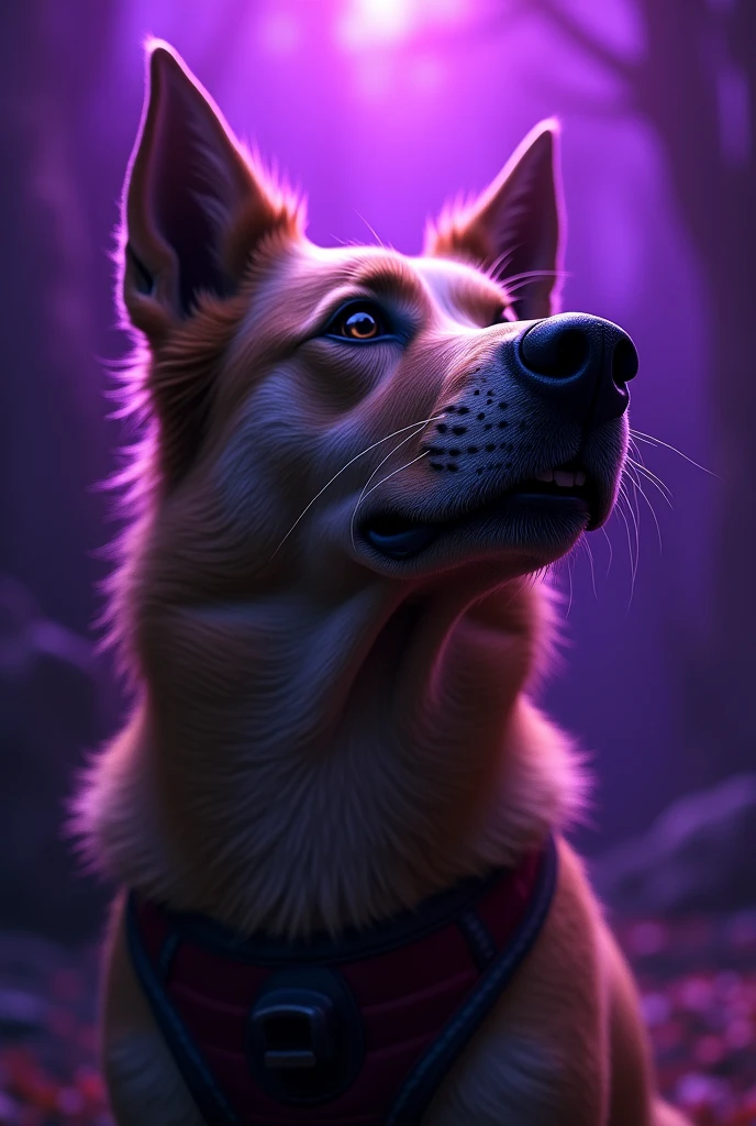 A dog with a scar on his face and a band aid on his nose looking up with purple lighting in the background