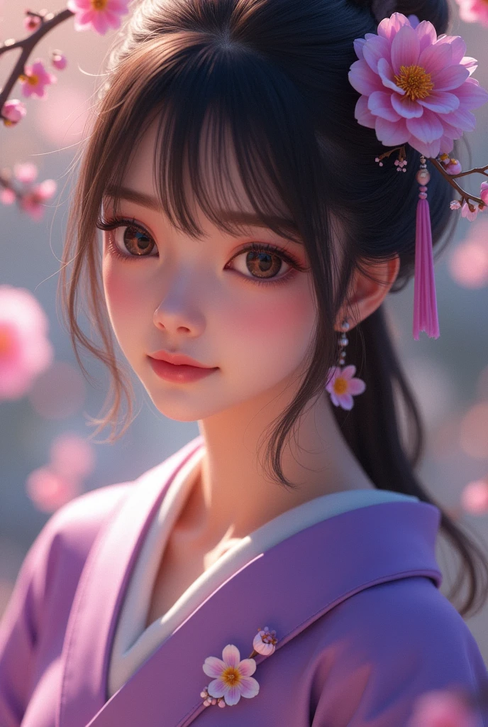 depth of field, ray tracing, photorealistic, beautiful eyes, beautiful face, beautiful good anatomy, 4k, 8k quality, cleavage, purple kimono, (masterpiece, best quality), viola, hair ornament, flower, gift of jewelry,