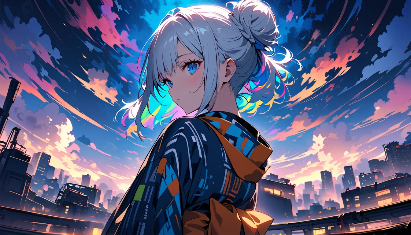 Handsome cute, Solitary, 1 female, Medium Length Hair, white hair, Rainbow hair, hair bun, blue Eyes, Futuristic, panoramic, in the night, yukata, Human focus, outdoor, White clouds, graffiti Popularity spray art wall panoramic,