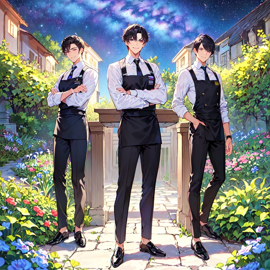 masterpiece,best quality,high quality,(1male austere handsome two adult age 30:1.5), purple eyes, cool with drooping eyes, V-shaped eyebrows, body strong and fearless 8.5 head tall, height 185cm, (well-groomed black short hair down to neck:1.4), (bangs in three (hair parted in three parts:1.4), slender nose, facial muscles, throat, (pants with waiter's tie summer fashion:1.3), sommelier waist apron, (welcome pose), (standing), (stylish pose), (cool smile:1.3), (background summer garden:1.3) ,(Milky Way Night Sky:1.3)