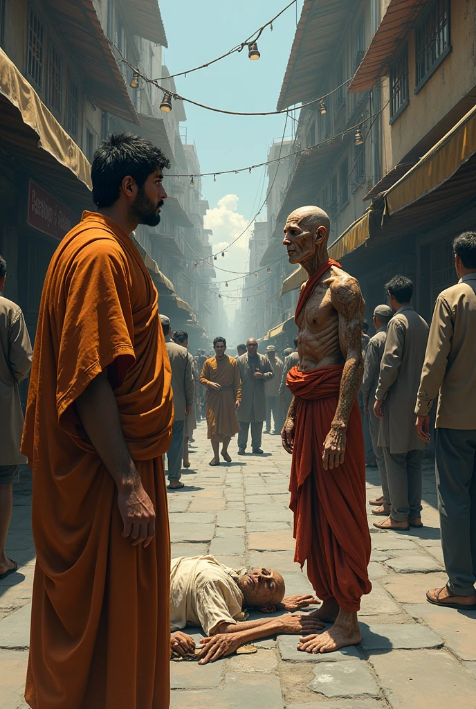 Illustrate Siddhartha’s next encounter, where he sees a sick man suffering from disease.
Show Siddhartha's deep disturbance as he understands that sickness can strike anyone, regardless of their status or wealth.