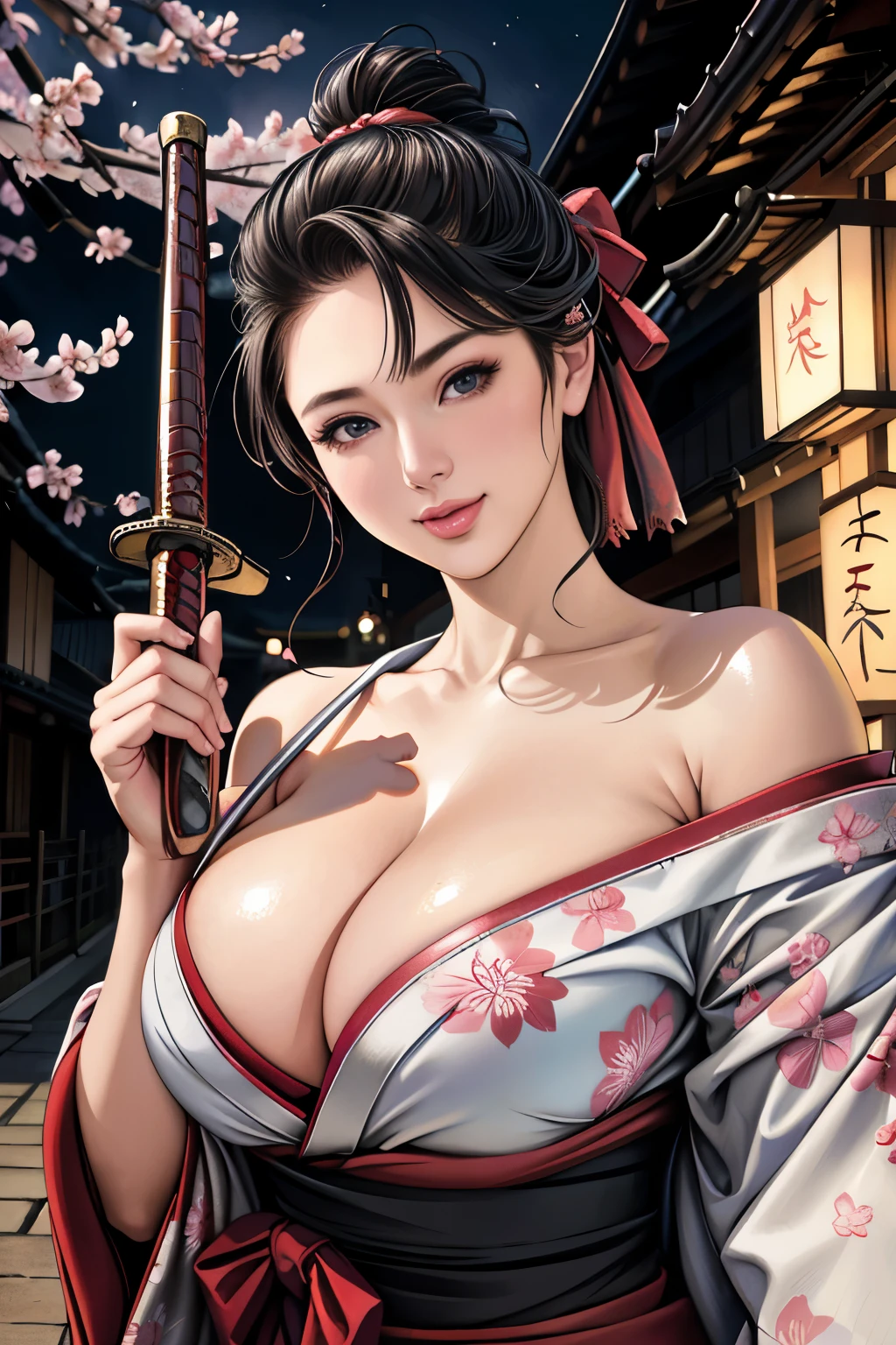 (Browsing Caution), (RAW Photos), (Realistic), (Photorealistic), Ultra-high resolution, masterpiece, Highest quality, Portraiture, facial Portraiture, Perfect lighting, Detailed lighting, Dramatic Shadows, Ray Tracing, Pure Eros Face_v1, Urzan-6500-v1.1, ((smile)), ((upper body:1.2)), ((cleavage)), ((random sexy pose)), looking at viewer, ((wearing a kimono)), ((off shoulders kimono)), ((holding a Japanese sword)), ((in old Japanese street)), ((night)), ((background with Cherry blossom)), ((Cherry blossom blizzard:1.2)),