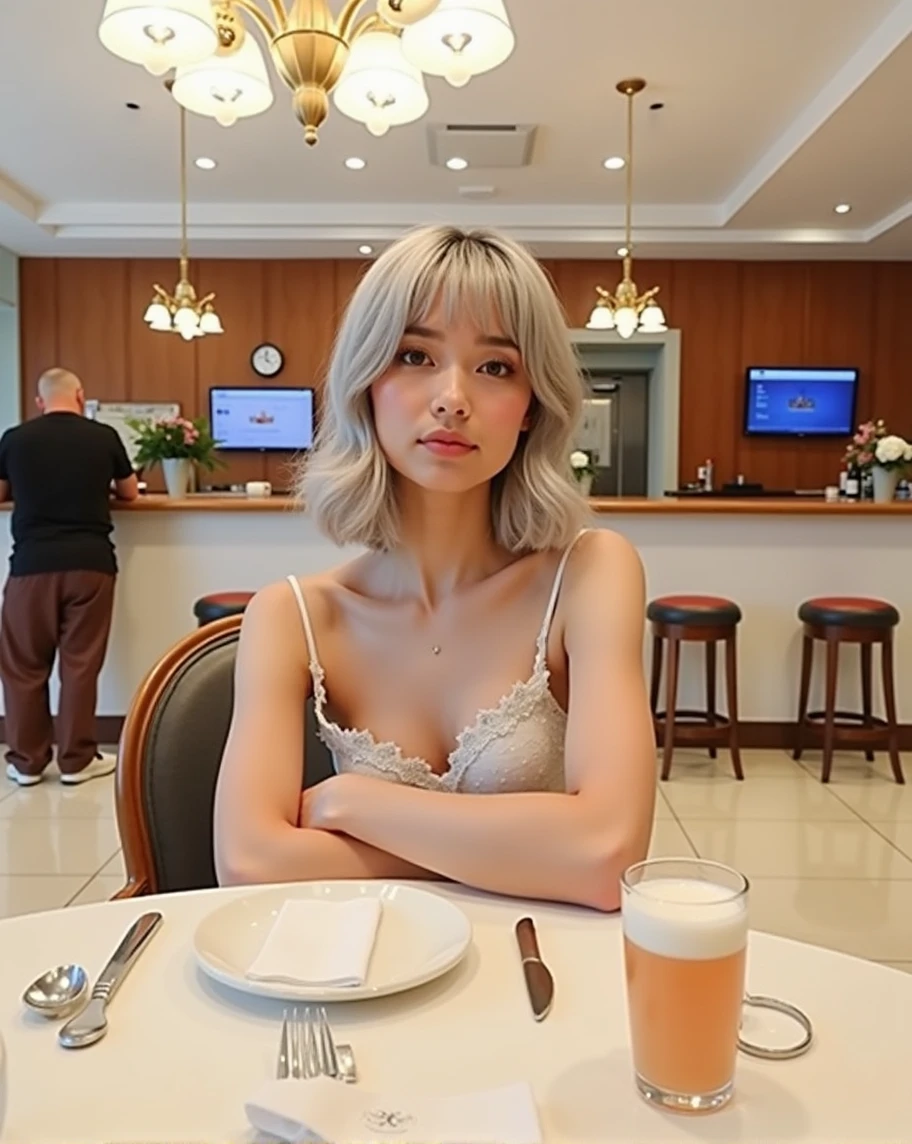 (RAW photo, best quality, masterpiece: 1.2), (photorealistic: 1.4), best lighting, 20 years old, (detail face, detail eyes, light gray eyes, light gray hair, short straight bob cut, Symmetrical eyes :1.3)