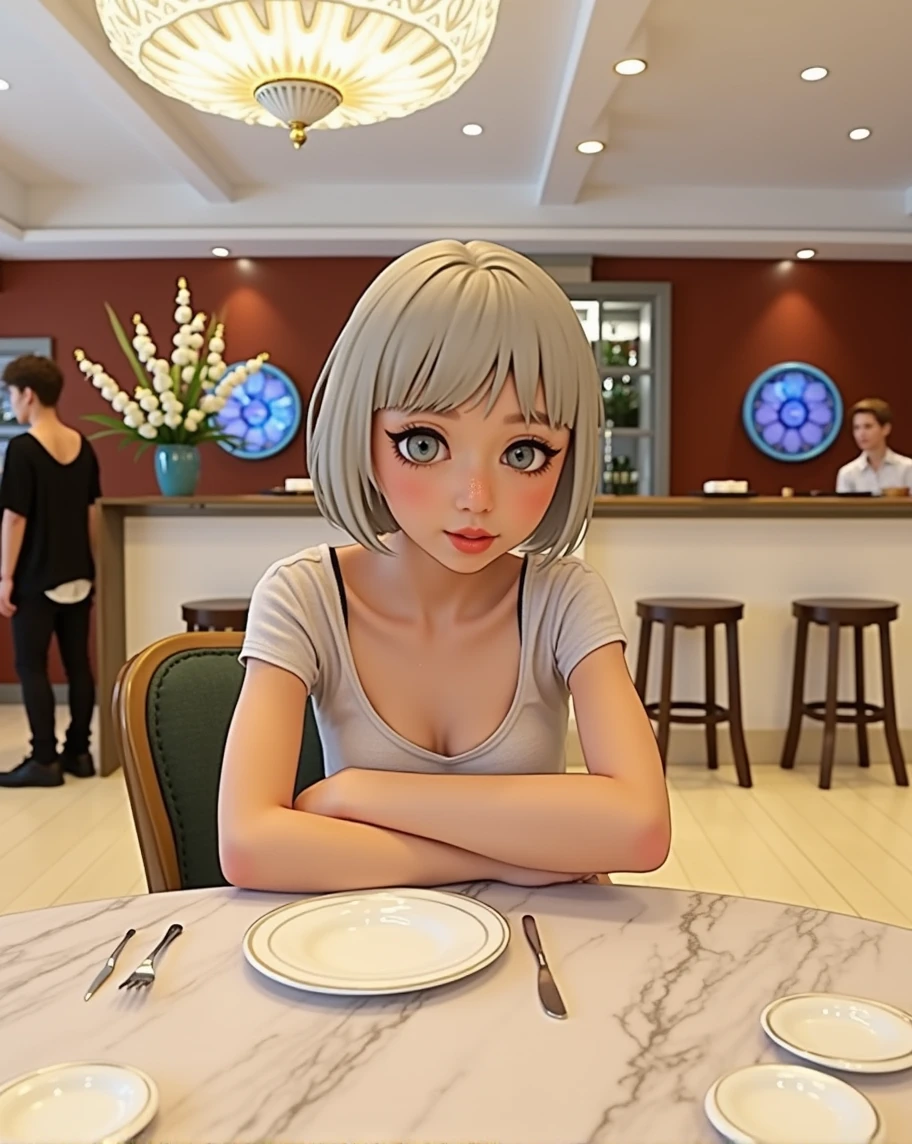(RAW photo, best quality, masterpiece: 1.2), (photorealistic: 1.4), best lighting, 20 years old, (detail face, detail eyes, light gray eyes, light gray hair, short straight bob cut, Symmetrical eyes :1.3)