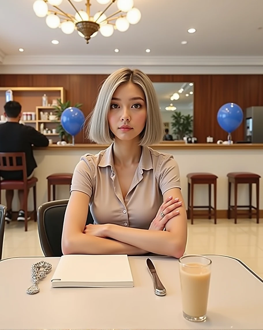(RAW photo, best quality, masterpiece: 1.2), (photorealistic: 1.4), best lighting, 20 years old, (detail face, detail eyes, light gray eyes, light gray hair, short straight bob cut, Symmetrical eyes :1.3)