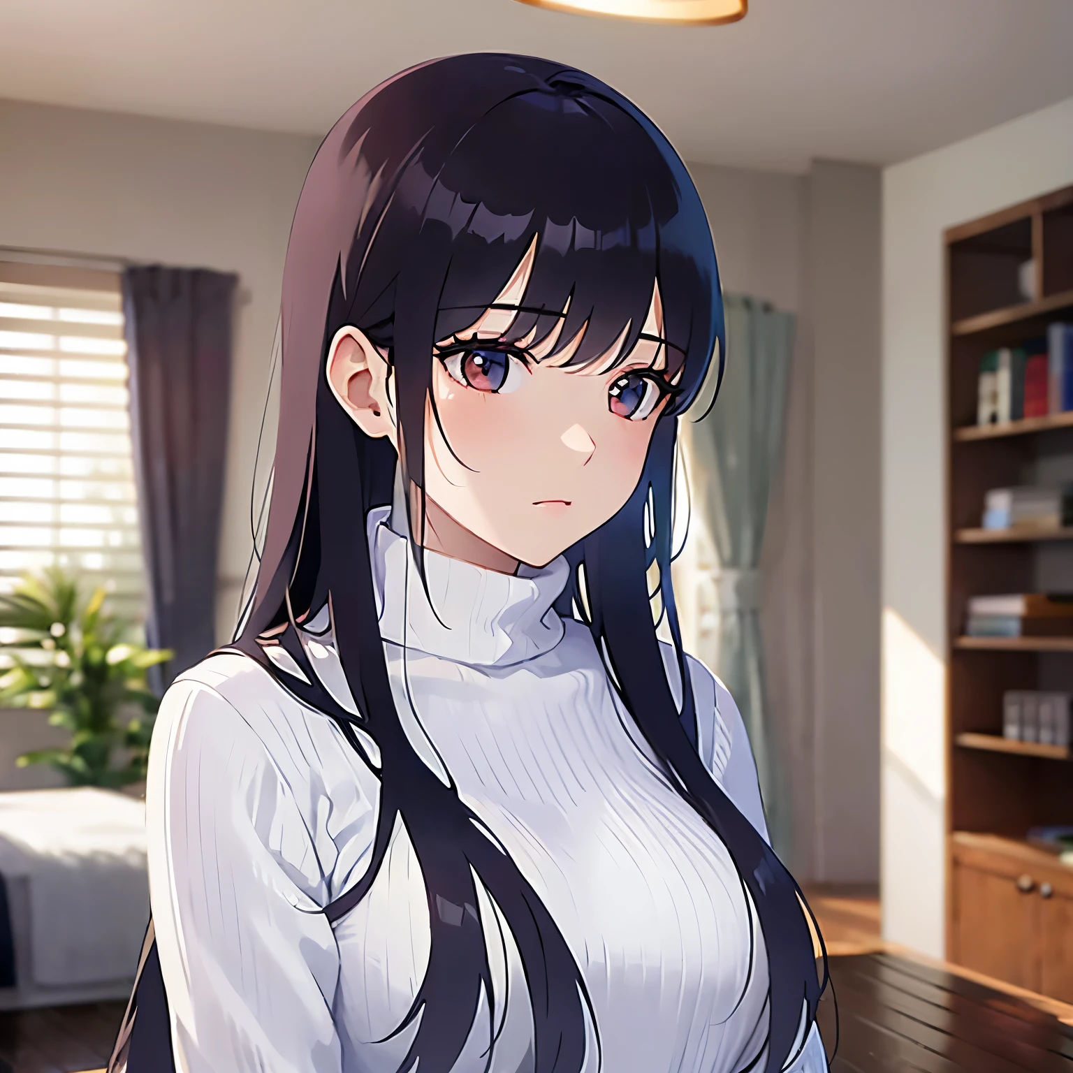 (looking away:1.5)Upper Body, Side shot、
Realistic, real person, (pale skin: 1.2), RAW photo, photorealistic, shiny skin, shiny hair、
(A 25-year-old woman with medium-length hair and bangs) and (wavy hair) and (brown hair) and (orange eyes),
(White turtleneck long sleeve:1.5)
frown,The background is the living room at night