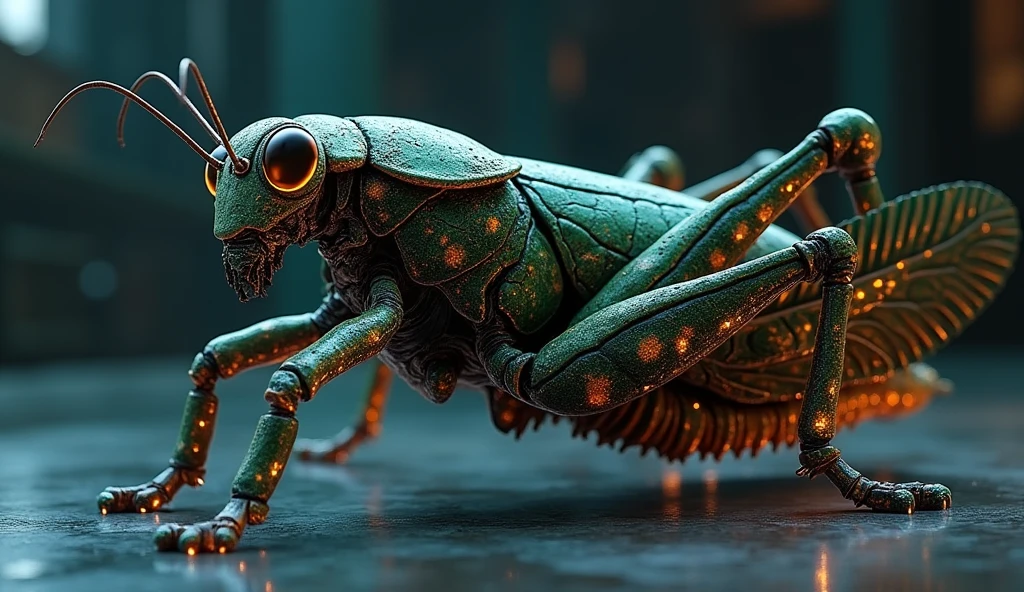 A beautiful full-size creature, capable of killing evolved beings of various forms. Very detailed and complex and interesting (boxing grasshopper), with a mix of species. Head, body, legs and tail all seem to be in one line. The skin is made of a strong, reflective silicon metal. A modern, luxurious building with lots of high-tech equipment. Dark and mysterious atmosphere. Highest sophistication. Cool colors. Very smart. High-resolution 32K graphics.