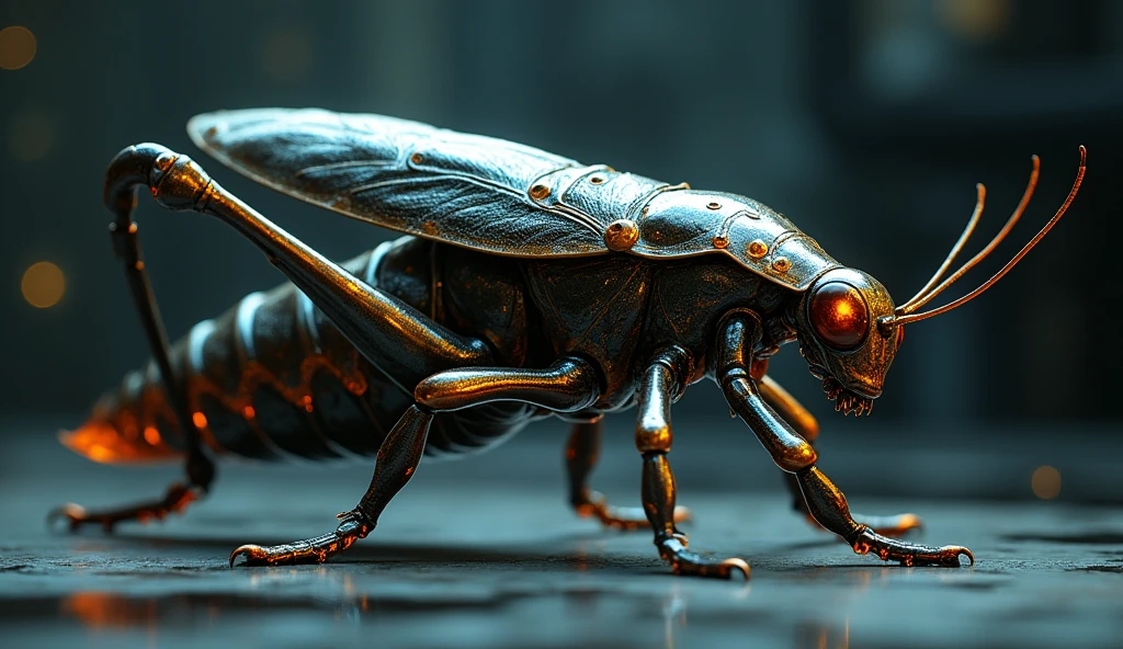 A beautiful full-size creature, capable of killing evolved beings of various forms. Very detailed and complex and interesting (boxing grasshopper), with a mix of species. Head, body, legs and tail all seem to be in one line. The skin is made of a strong, reflective silicon metal. A modern, luxurious building with lots of high-tech equipment. Dark and mysterious atmosphere. Highest sophistication. Cool colors. Very smart. High-resolution 32K graphics.
