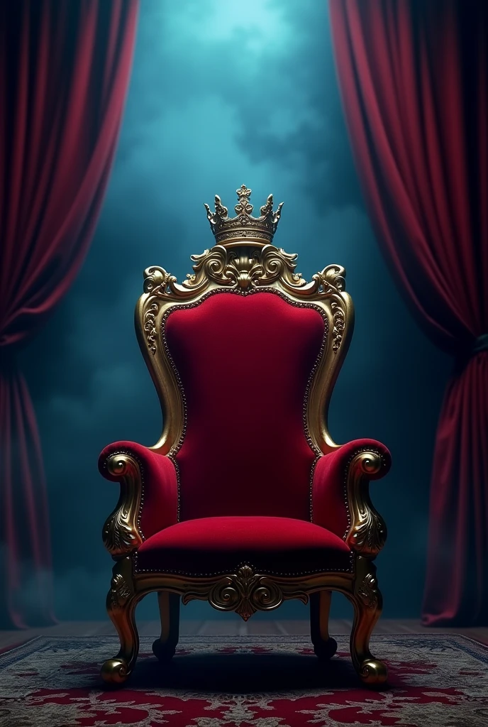 a royal throne chair with golden crown on top,luxurious red velvet curtains behind chair,blue foggy mystical background,detailed ornate baroque style,cinematic lighting,photorealistic,8k,masterpiece
