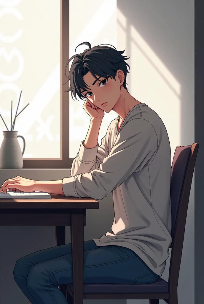 Boy seat on chair and his front table anime boy 20 to 22 years old