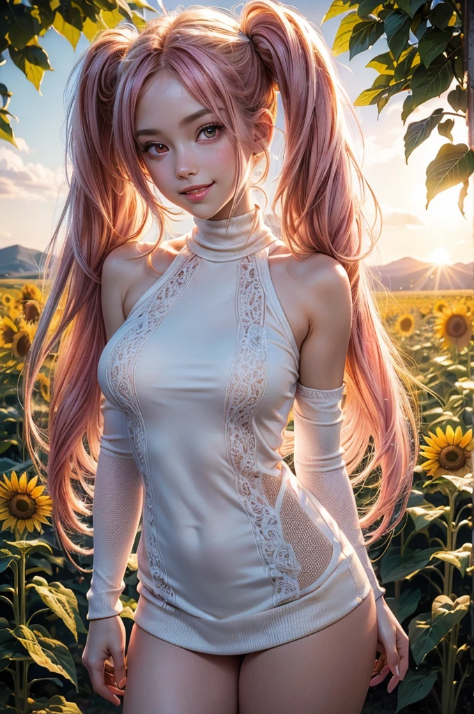 ((best quality, ultra-detailed, high resolution, extremely detailed CG, super detailed, direct light, Most beautiful clean lighting)), 1 girl, beautiful girl, cute girl and idol face, young face, smile, Beautiful long pink hair, twintails, Beautiful shining red eyes, white skin, slender, Short body, summer sweater, Midsummer Scenery, sunflower field, beautiful breasts, nsfw, 