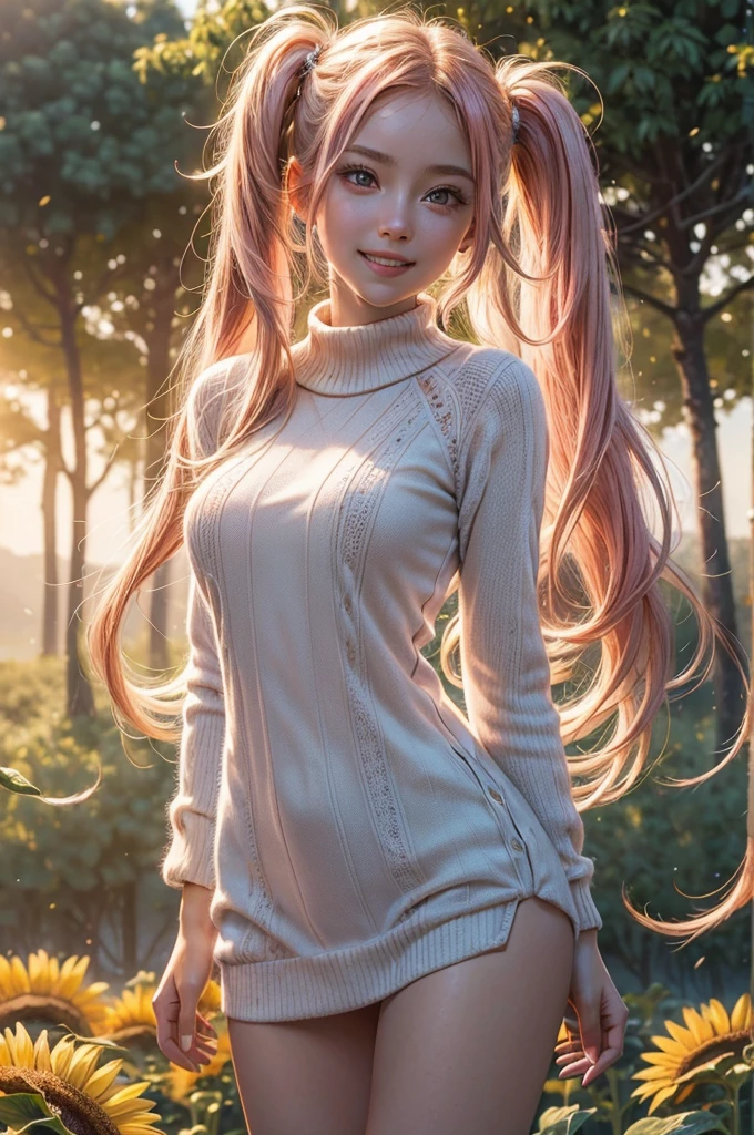((best quality, ultra-detailed, high resolution, extremely detailed CG, super detailed, direct light, Most beautiful clean lighting)), 1 girl, beautiful girl, cute girl and idol face, young face, smile, Beautiful long pink hair, twintails, Beautiful shining red eyes, white skin, slender, Short body, summer sweater, Midsummer Scenery, sunflower field, beautiful breasts, nsfw,