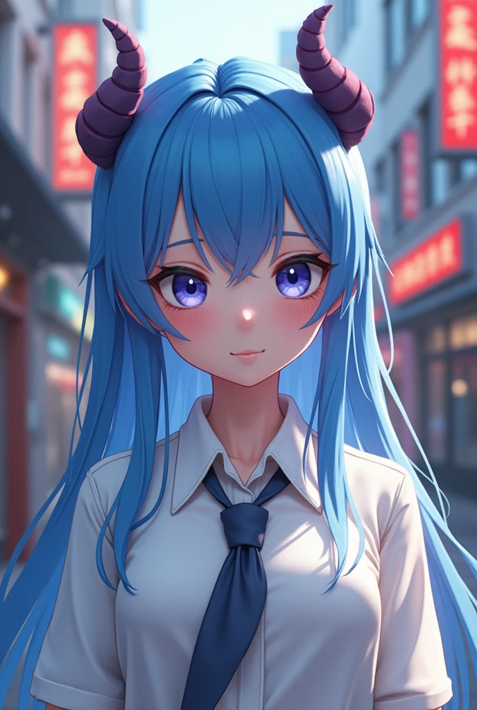 Anime girl with blue hair and horns on the street, 3D реалистичное аниме, 2. 5 d cgi anime fantasy work of art, anime style 3d, anime style. 8 K, 4k anime style, 3D realistic anime style, deviantart artstation cgscosiety, digital anime art, Art in the style of Gouveyz, detailed digital anime art, White shirt, dragon wings
