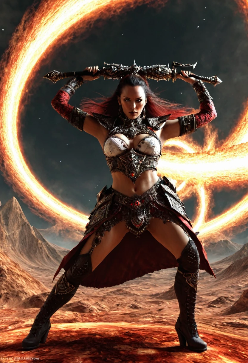 Khorne as a woman,displaying her own power.((conflict))(( Full figure wiew)). ((Three quarter wiew)).((fractal)),((deep wiew)),warp space scenario background,photographic,ultra high resolution,hyperdetailed, masterpiece, 3d modelling, digital art. 