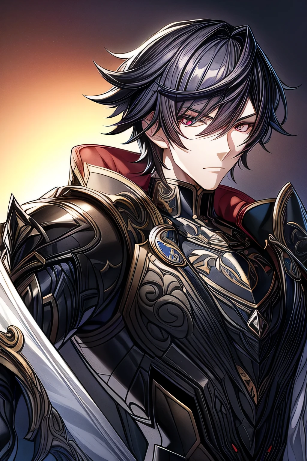 (work of art, best qualityer, face perfect, expressive eyes), Black Knight Armor, black leather cover, details Intricate, black breastplate, a male anime,single character, style Hyacinthe Rigaud, black suite, short black hair with white highlights, barba, visual novel sprite, detailed black armor, high qualiy, cinematic, dramatic pose, details Intricate, swirly vibrant colors, work of art, impacto genshin.
