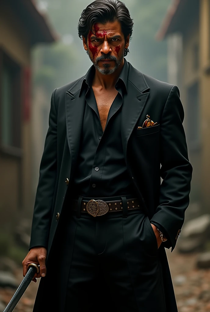 Shah Rukh Khan, dressed in a sleek black outfit, stands with a confident swagger, a cigarette dangling from his lips. His face is smeared with blood, adding a hint of ruggedness to his charming persona. In one hand, he holds a kattana, a traditional Japanese sword, its blade glinting in the light. The image exudes a sense of intensity and drama, fitting for a Bollywood action sequence