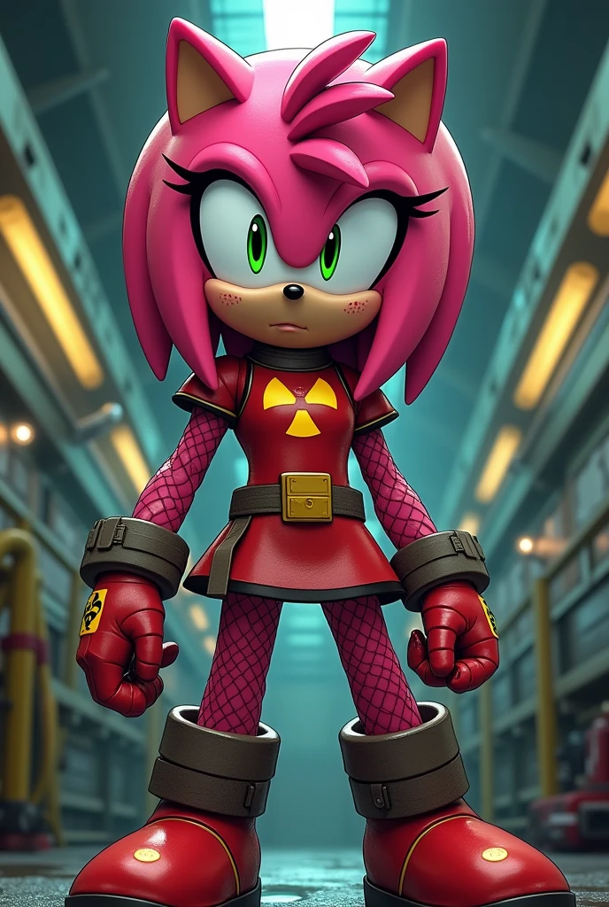 Amy Rose, high quality, best quality, 4K, 8K, toxic waste suit, nuclear reactor, detailed background, inside a nuclear reactor, Sonic drawing style, fur, perfect fur, medium breasts, radioactive glow on the body, toxic waste helmet, nipples, big nipples, pussy, wet pussy,