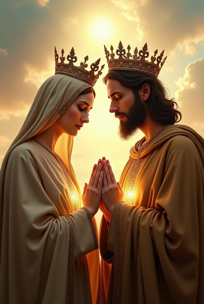 Perfect hand 5 finger, Portrait of a beautiful virgin mary and handsome Jesus Christ. wearing brown clothes of king and queen with the king and queen crown shining the light from the head and heart all over in the clouds, virgin mary and Jesus Christ, real blue eyes, sunny day, intricate details.real virgin mary and Jesus Christ, straight head face, Straight body.Prayer virgin mary and Jesus Christ, perfect full body, perfect hands finger,Prayer virgin mary and Jesus Christ, praying virgin mary and Jesus Christ backgrounds natural photographic